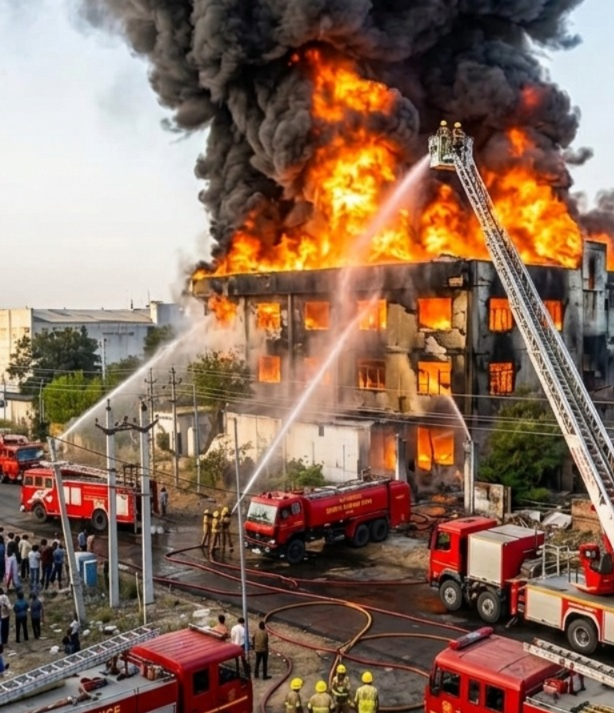 Massive Fire Breaks Out at Cooler Factory in Bindayaka, Jaipur, Three-Storey Building Engulfed